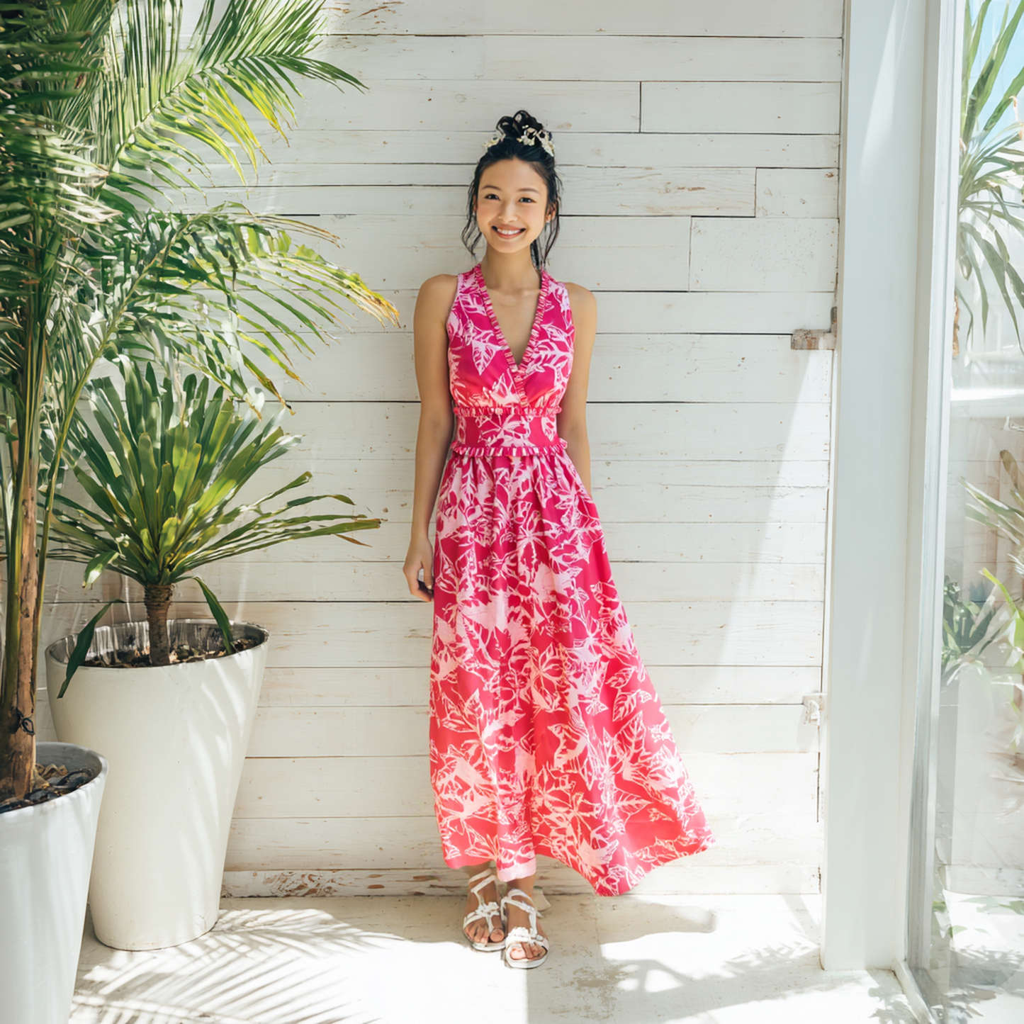 ククイ柄 ピンク タンクドレス